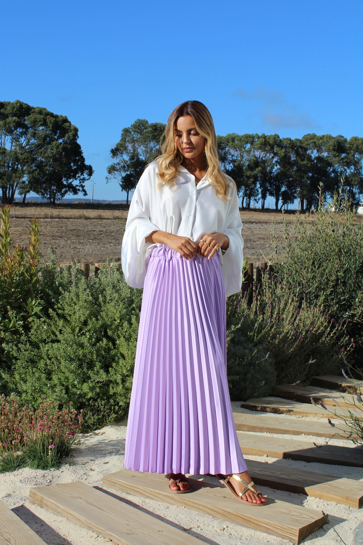 Saia midi plissada - lavanda