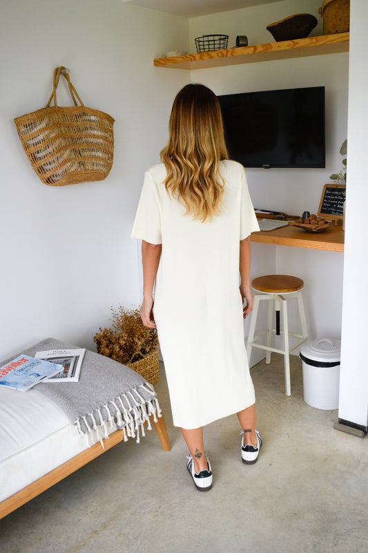 Vestido de malha com contraste - creme