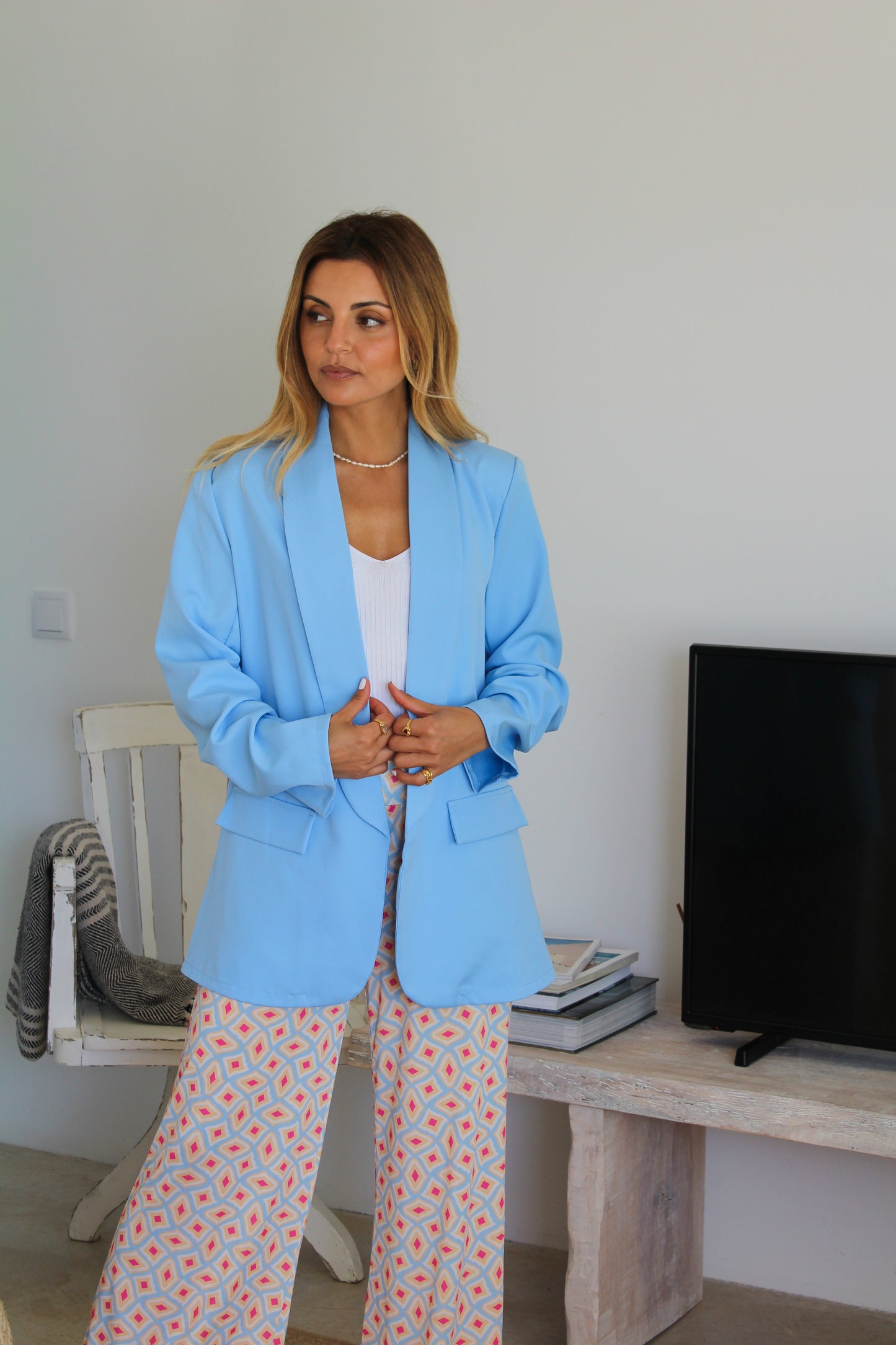 Blazer de manga arregaçada - azul claro