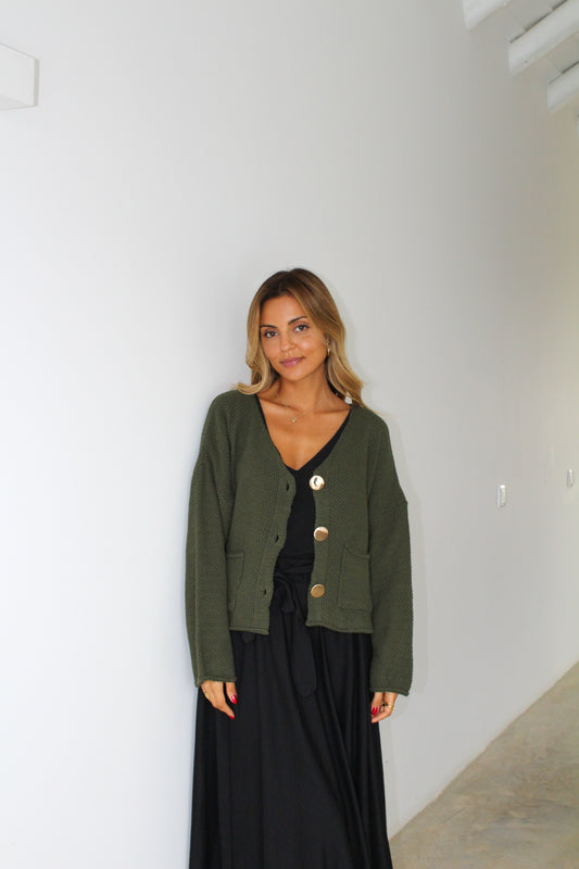 Casaco de malha com bolsos - verde seco